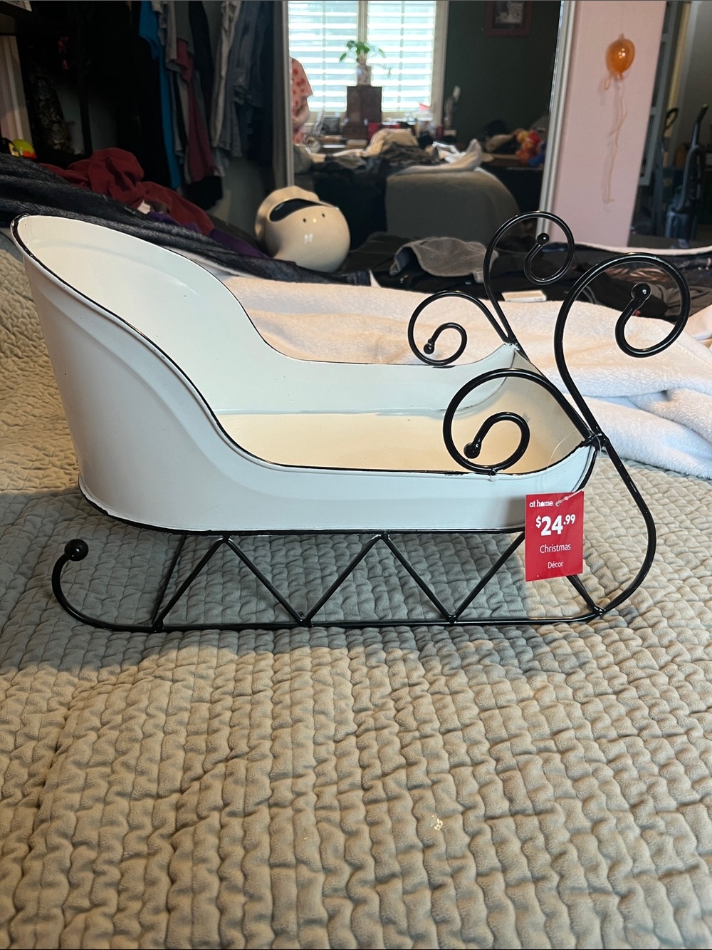 At Home Cream Decorative Sleigh with Black Metal Runners